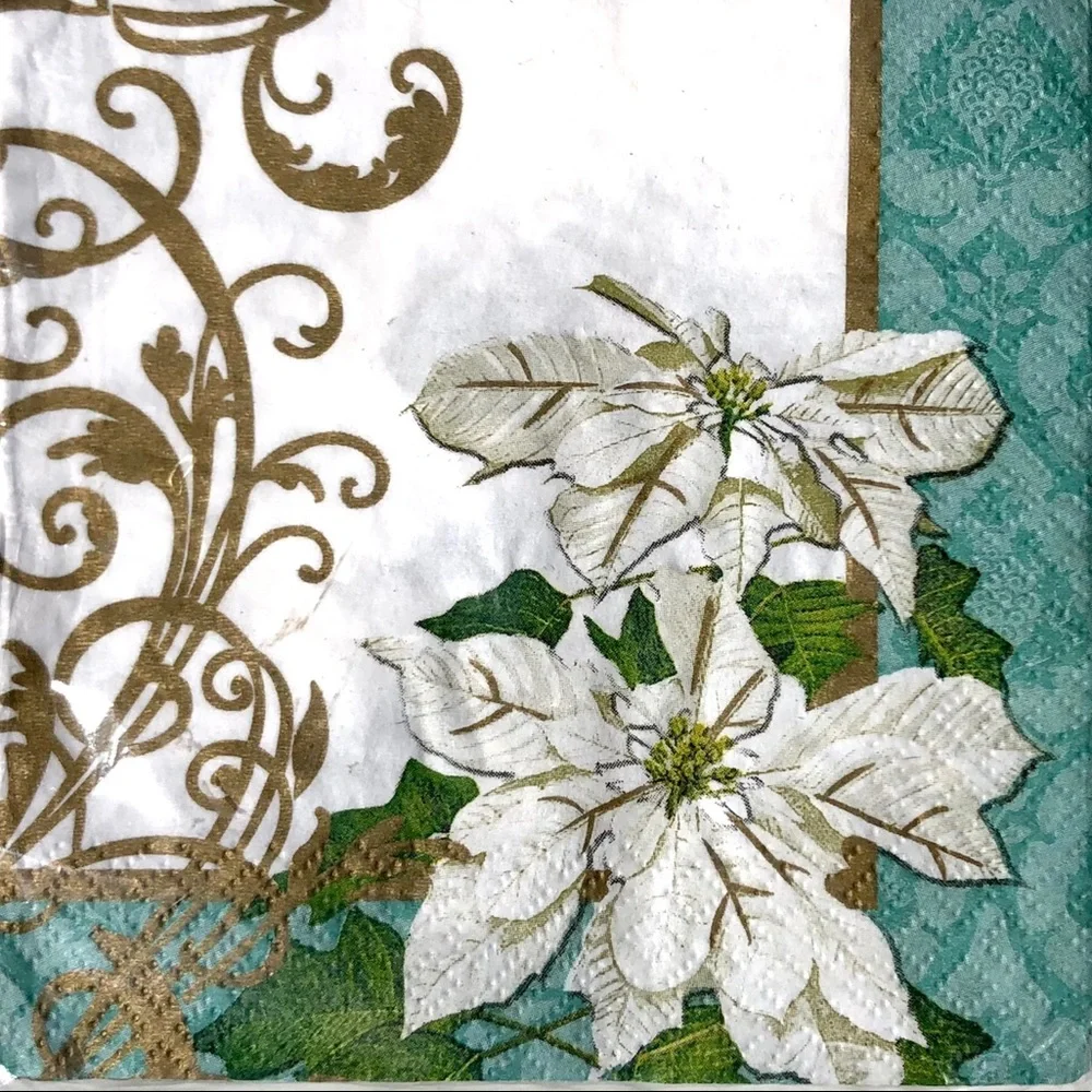 Two (2) Individual Beverage Size Decoupage Napkins ~ Gold Poinsettia